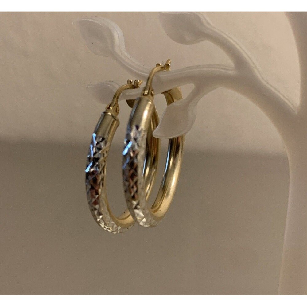 Vintage Sterling Silver Gold Hoop Earrings 1” Diamond Cut 4mm